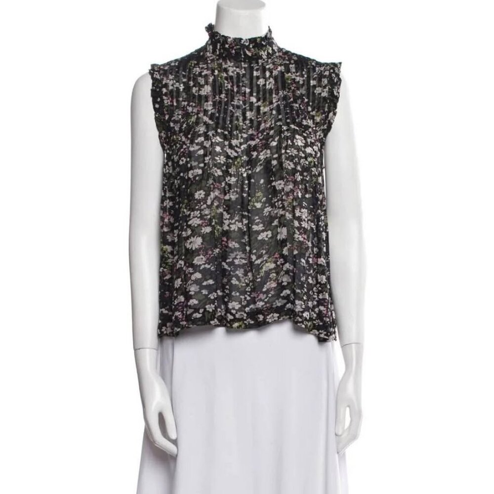 Ganni Black Floral Sheer Pleated Tank Top